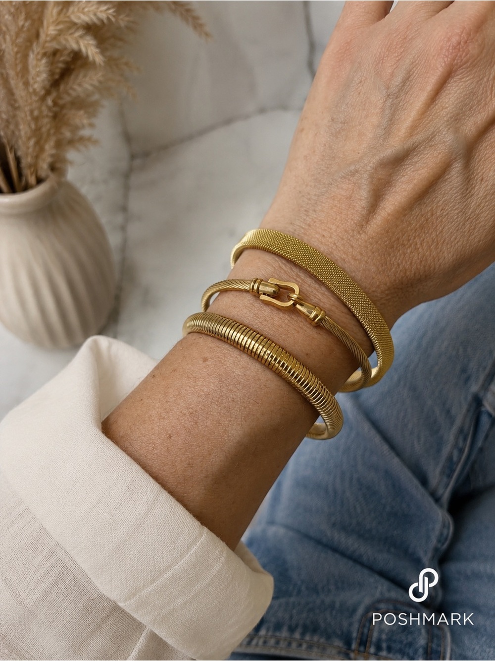 3pc Gold Bracelet Set Stretch Cable Adjustable Stainless Steel.